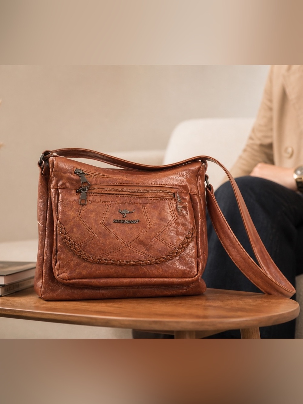 Brown Faux Leather Crossbody Bag Boho Western Cognac Shoulder Bag Braided Detail
